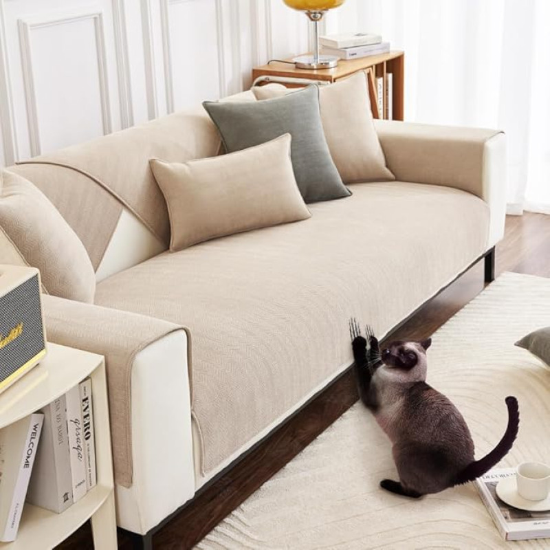 DUJUIKE Sofa Cover 1/2/3/4 Seater, Chenille Sofa Throw, Corner Sofa Cover, L-Shape Sofa Cover, Cat Sofa Protection, Wrinkle and Scratch Resistant, Washable, Non-Slip for U Shape Sectional Sofa (White, 90 x 90 cm)