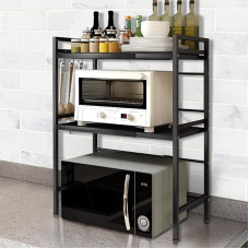 OHMG 2 pakopų išskleidžiama mikrobangų krosnelės lentyna, mikrobangų krosnelės lentyna su 3 kabliukais, išskleidžiama nuo 40-64 cm, daugiapakopė virtuvės lentyna, virtuvės organizatorius (juoda (40/64 x 36,5 x 78 cm)