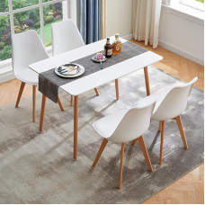 Valgomojo grupė Valgomasis stalas su 4 kėdėmis, stačiakampio formos 110 cm virtuvės stalo komplektas ir 4 valgomojo kėdžių komplektas svetainei, virtuvei, biurui (baltas stalas + 4 baltos kėdės)