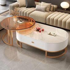 Modernus ovalus akmeninis kavos staliukų rinkinys - 2 dalių svetainės staliukas su stilingu plieno rėmu (dydis: 80 x 45 cm ir 120 x 60 x 38 cm, spalva: juoda)