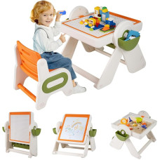 FANTASK 6-in-1 vaikiškų kėdžių rinkinys, pieštukas su keičiamu stalviršiu, knygų lentyna ir krepšiais, sulankstomas vaikiškų sėdynių rinkinys, žaidimų stalas, 3 lygiai, reguliuojamas aukštis, skirtas vaikams nuo 18 mėnesių