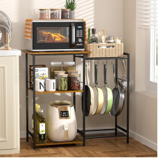 5-Tier Pot and Pan Organizer for Kitchen Organization and Storage, Microwave Oven Stand with 6 S Shaped Hooks, Kitchen Rack with Metal Pot Rack, Baker's Rack - Rustic
