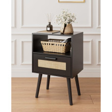 Bedside Table, Boho Side Tables, Rattan Bedside Table with Rattan Decorated Drawers, Night Furniture, Wooden End Table for Bedroom, Living Room (Retro, Black)