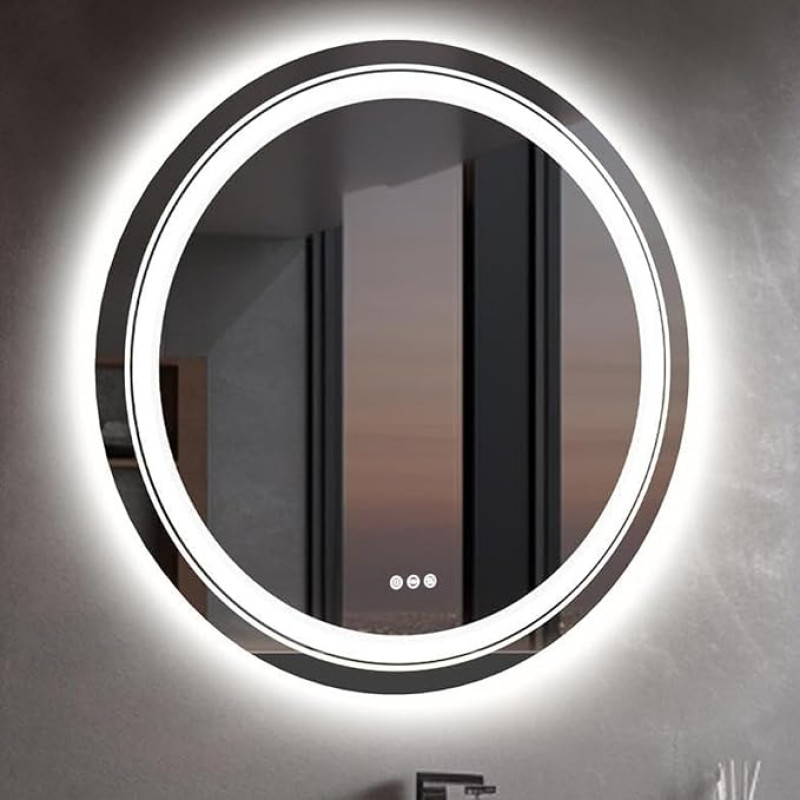 LUVODI LED vonios kambario veidrodis apvalus 90 cm: Apvalus vonios veidrodis su foniniu ir priekiniu apšvietimu, 3 jutikliniai jungikliai, apsaugantis nuo rūko, reguliuojamas, 3 šviesos spalvos, sieninis veidrodis, kosmetinis veidrodis