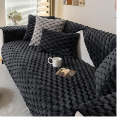 Rabbit Plush Sofa Cover Non-Slip Faux Fur Couch Cover Warm Sofa Cover Fluffy Furry Furniture Protector (Black, 36 x 36 inch, Armchair Sofa Cover)