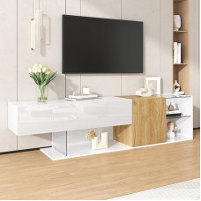 BTM Šiuolaikinė blizgios baltos spalvos su medžio efektu ir stiklo lentynomis TV spintelė - 180 cm, stilinga ir praktiška saugykla svetainėje, minimalistinis dizainas, aukštos kokybės gamyba