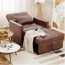 YODOLLA 3 in 1 sofos-lovos kėdė, keičiama reguliuojama miegamoji kėdė, sofa-lova su miego funkcija, fotelis su pagalve ir šonine kišene mažoms erdvėms, rudos spalvos