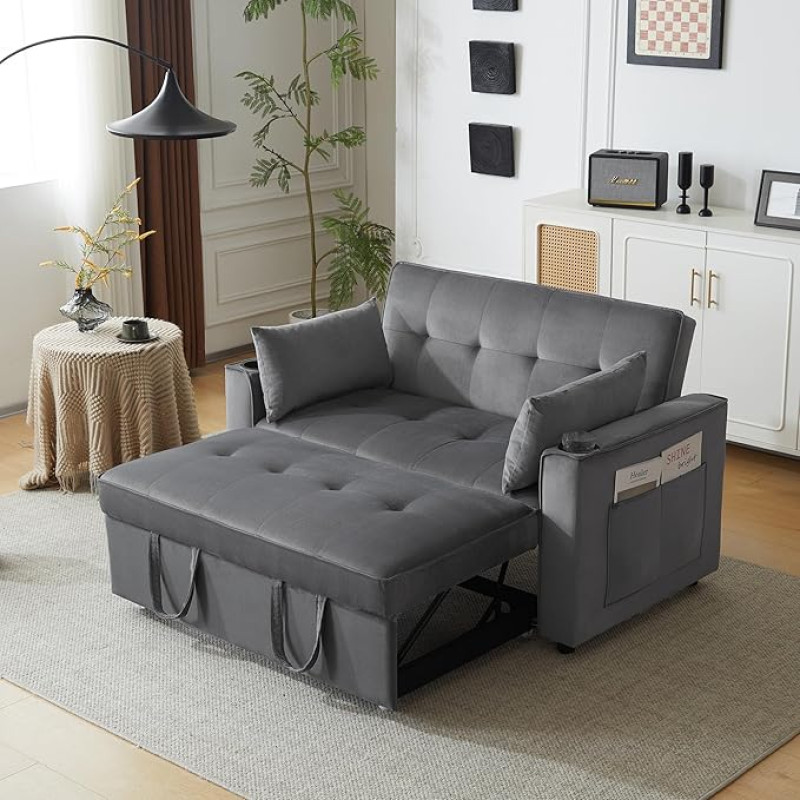 Daugiafunkcinė sofa su miego funkcija, sulankstoma sofa-lova su gėrimų laikikliu ir pagalvėle, tinkama svetainei, miegamajam, namų kino teatrui, pilka