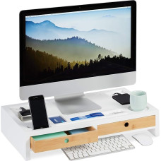 Relaxdays Monitor Stand, XL Monitor Riser made of Bamboo & MDF with 2 Drawers, Desk Organiser, 11 x 58.5 x 32.5 cm (H x W x D), White