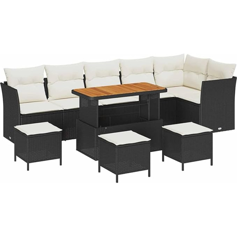 10-teilige Garten-Sofa-Set mit Kissen Schwarz Poly Rattan Akazie, 4-teiliges Garten-Esszelt mit Kissen Schwarz Poly Rattan Akazie Gartenlounge Model3363460