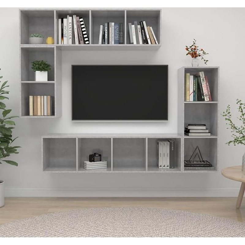 TV Schrank,4-TLG. TV-Schrank-Set Betongrau Holzwerkstoff,TV lenta Hängend Schrank Fernsehschrank TV bankas Wohnzimmer Möbel Modern Wandschrank für Wohnzimmer Schlafzimmer