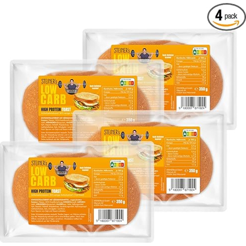 STEINER'S Low Carb High Protein Toast Loaf - 4 pakuotės (4 x 350 g) - 88 % mažiau angliavandenių, 22 g baltymų 100 g - kepama akmeninėje krosnyje - sąmoningai mitybai be kompromisų