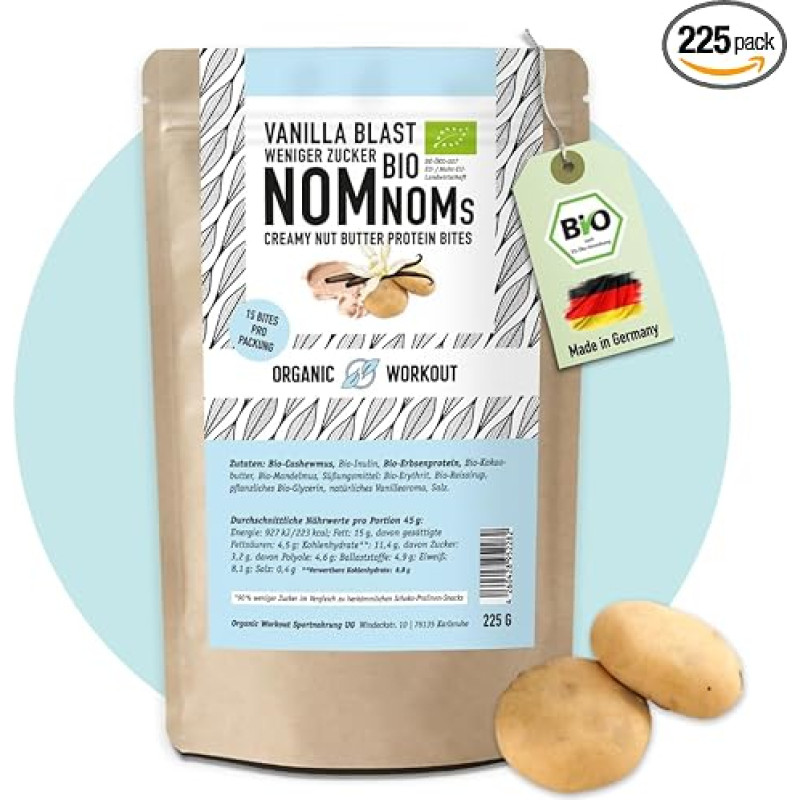 Vanilinis sprogimas NomNoms | Kreminiai riešutų baltymų kąsneliai - ekologiški, veganiški, pasaldinti ekologišku eritritoliu - baltymų batonėlių alternatyva