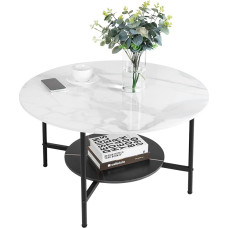 FATIVO Coffee Table White Sofa Table Round Living Room Marble 80 x 80 cm Living Room Table with Storage Space Modern Coffee Table Country House Style White Unusual Design Round Table 2 Shelves for