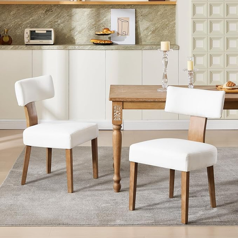 Modern Esszimmerstühle 2er-Set Mid-Century, Ergonomische Leinenstühle mit Polsterung Massivholzbeinen, Akzentstühle für Esszimmer, Küche, Wohnzimmer und Schminktisch, Creme