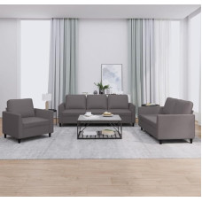 3-TLG. Sofagarnitur mit Kissen Grau Kunstleder Langlebiges Kunstleder Sofa Set mit Hocker, Bequeme Sitzgarnitur für Wohnzimmer