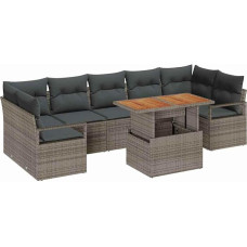 8-teiliges Garten-Sofa-Set mit Kissen Grau Poly-Rattan Akazie, 2-Sitzer Garten-Sofa mit Kissen Grau Poly-Rattan Gartenlounge Modelis3349677