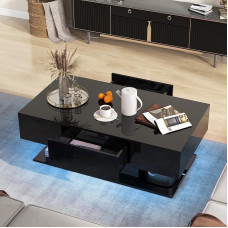 GIANTEX žurnalinis staliukas su LED, žurnalinis staliukas su 2 stalčiais, 20 spalvų šviesos diodų apšvietimas ir nuotolinio valdymo pultelis, reguliuojamas 2 lygiais, skirtas svetainei, biurui (juodas)