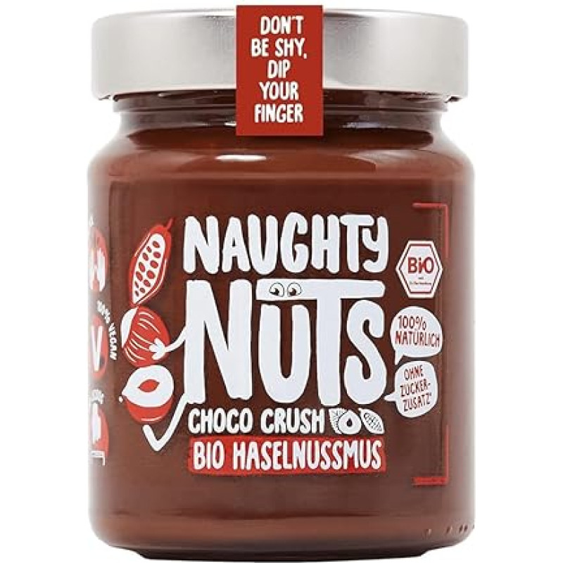 NAUGHTY NUTS Ekologiškas lazdyno riešutų sviestas Choco Crush Vegan šokoladas 100 % natūralus, be palmių aliejaus ir cukraus, idealiai tinka dribsnių užpilams 250 g
