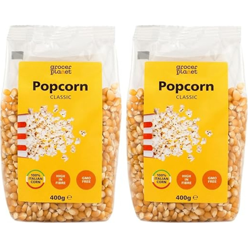 Grocer Planet - Itališki kukurūzų popkornai (800g) | 2 x 400g pakuotės | Klasikiniai itališki geltoni kukurūzai popkornams
