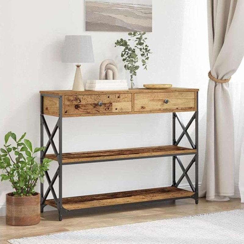 Sofa Beistelltisc, Konsole Tisch Altholz 100 x 28 x 75 cm Schichtholz und Metall Tischchen für Wohnzimmer, Eingang, Flur