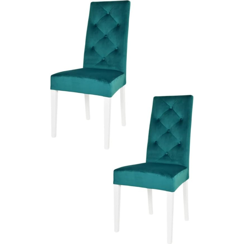 t m c s Tommychairs 2 modernių Chantal kėdžių rinkinys virtuvei ir valgomajam, tvirtos konstrukcijos, pagamintos iš lakuotos buko medienos, baltos spalvos, minkštos ir aptrauktos vandens mėlynumo aksomu