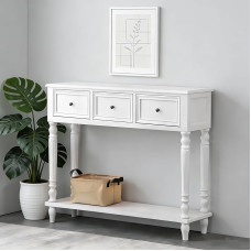 Konsolentisch für Den Eingangsbereich mit 3 Schubladen, Flurtisch mit Offenem Regal, Tischplatte aus Massivem Kiefernholz und Eichenholzbeinen (balta, 116cm/45,5in)