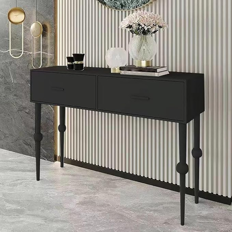 Konsolentisch Schmal mit 2 Schubladen, Flurtisch mit Tischplatte aus Massivem Öko-Holz, Beistelltisch Schmal für Flur, Eingangsbereich und Wohnzimmer, Einfache Montage (juoda, 120x35x85 cm/47x14x33 in)