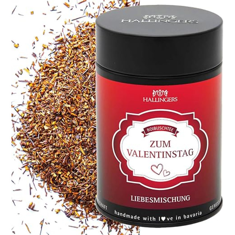 Hallingers Genuss Manufaktur Dovanų arbata Valentino dienai - Valentino dienos dovana Palaidos Roibusch arbata/Rooibos su avietėmis ir vanile, elegantiška dovanų dėžutė 