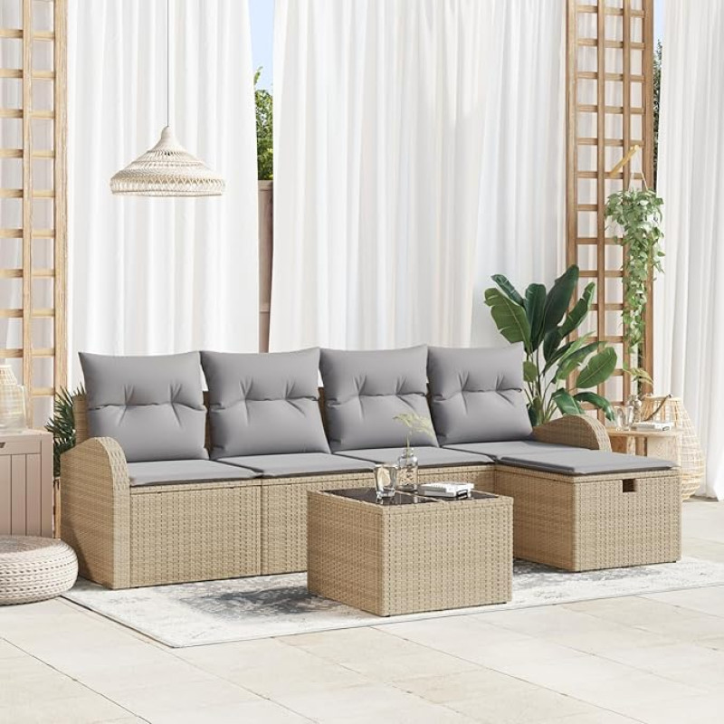 6-teilige Garten-Sofa-Garnitur mit Kissen Beige Poly Rattan, 2-Sitzer Garten-Sofa mit Stauraum & Kissen Beige Poly Rattan Gartenlounge Model3360401