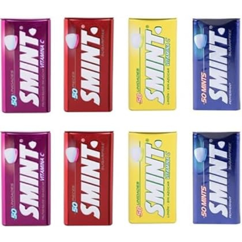 SMINT Mėtų mišinys | 8 metalinės skardinės su pipirmėtėmis | Citrinų tabletės | Braškių pastilės | Raudonųjų vaisių pastilės | Dantų priežiūra be cukraus
