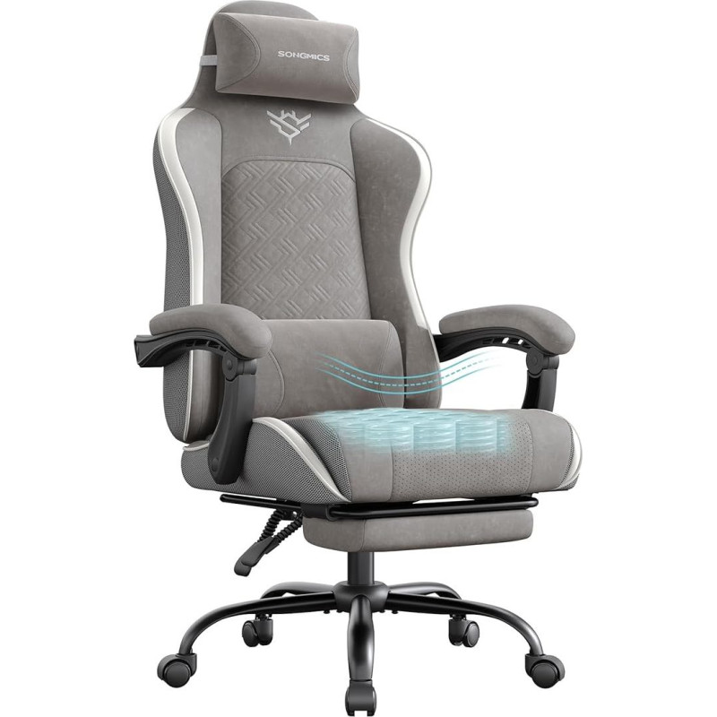 SONGMICS žaidimų kėdė, biuro kėdė, rašomojo stalo kėdė, ergonomiška žaidimų kėdė, sėdynės pagalvėlė su spyruoklėmis, kojų atrama, porankiai su sinchroniniu mechanizmu, 