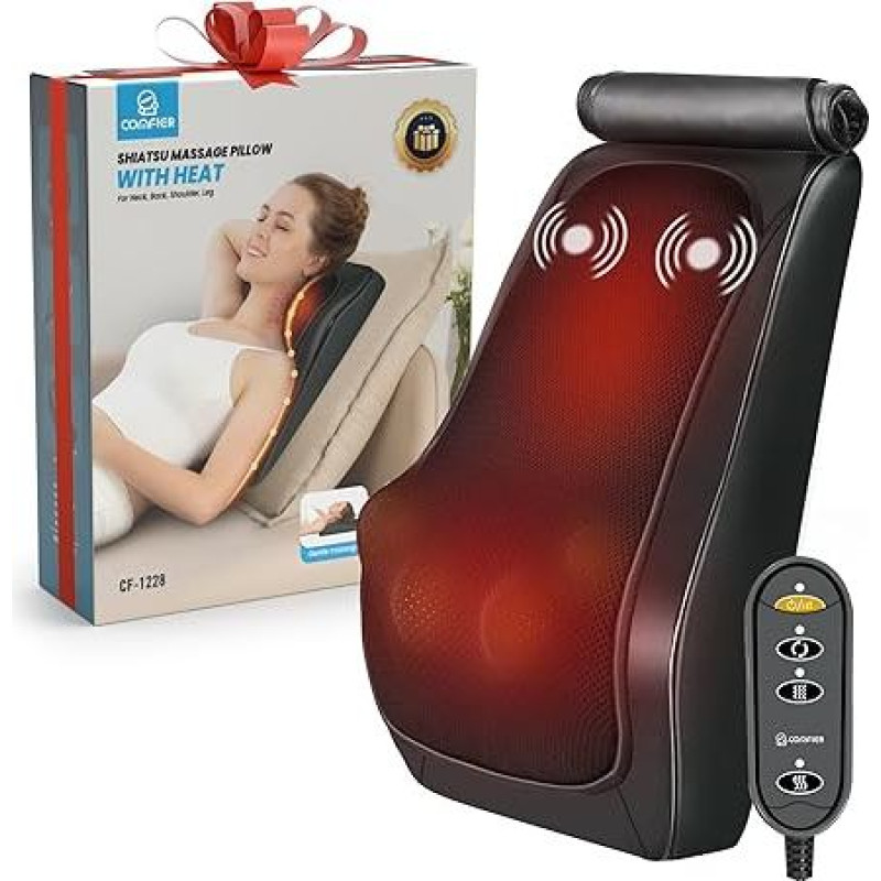 COMFIER masažuoklis, kaklo masažuoklis su šiluma, Shiatsu nugaros masažuoklis su 4D minkymo galvutėmis, masažinė pagalvėlė pečiams, nugarai, kojoms, dovanos vyrams ir moterims