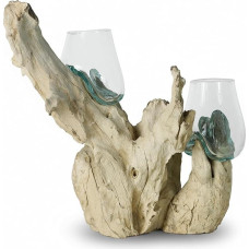 ART-CRAFT Rankų darbo Gamal Root su 2 išpūstomis burna perdirbto stiklo taurėmis, natūralus unikalus, tvarus šaknų medžio menas, apie 40 x 20 x 20 cm, vaza, terariumas, vienetinis kūrinys, gyvenamojo kambario dekoracija