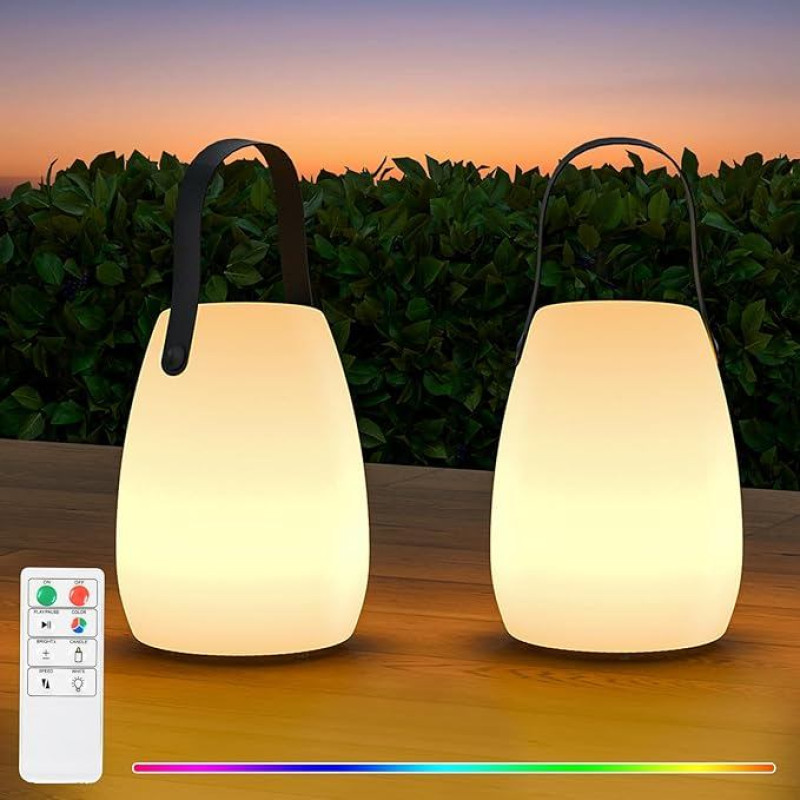 2 LED lauko šviestuvai, belaidis stalinis šviestuvas, nedidelis, 8 spalvų, su nuotolinio valdymo pulteliu, IP44, atsparus oro sąlygoms, skirtas stovyklavimui, sodui, balkonui, kiemui, 8-10H baterija (su silikonine laikymo rankena)