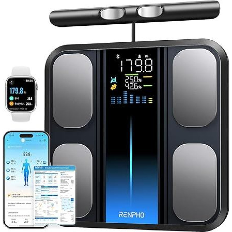 RENPHO Kūno riebalų svarstyklės su rankiniais jutikliais, asmeninės svarstyklės su kūno riebalų matuokliu, išmaniosios svarstyklės su programėle kūno riebalams, raumenų masei, KMI, tikslios svarstyklės iki 180 kg