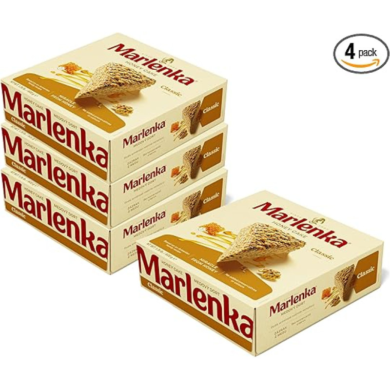 MARLENKA® 3+1 medaus pyragas su graikiniais riešutais, 4 x 800 g, čekiškas pyragas desertams ir dovanų rinkiniams, gardus medaus pyragas dovanų dėžutėje, medaus pyragas ypatingoms progoms