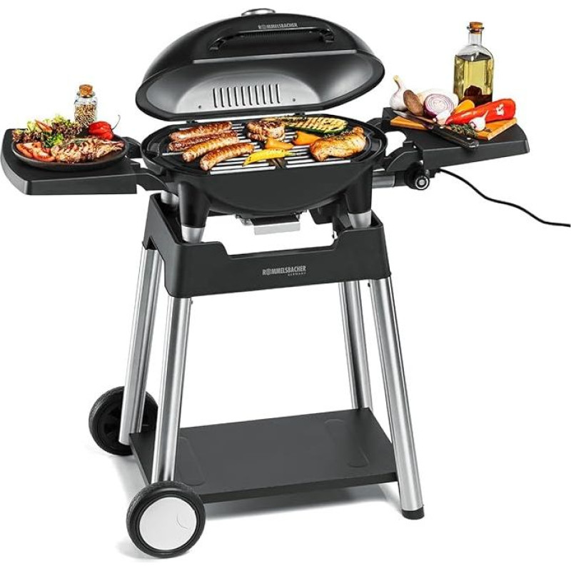 ROMMELSBACHER kepsninė BBQ 4100/S, 2 dalių ketaus kepimo grotelės, atlenkiamas dangtis su temperatūros indikatoriumi, temperatūra iki 300 °C, tolygiai reguliuojama, su kepsninės vežimėliu, 2200 W