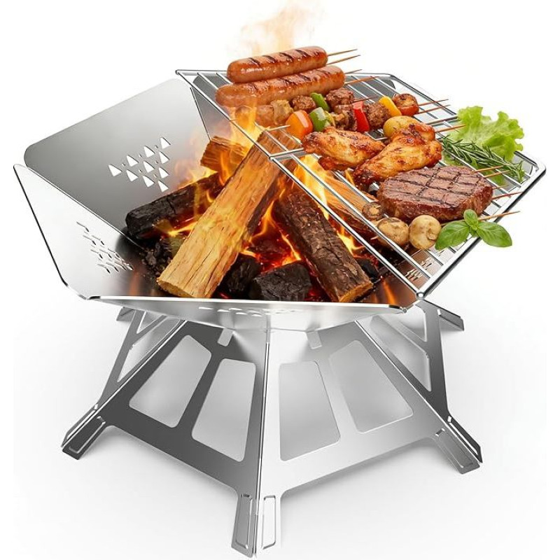 Nešiojamas 22 colių ugniakuras, sulankstomas nerūdijančio plieno ugnies dubuo su medžio anglimis, BBQ kepsninės tinkleliu, skirtas stovyklavimui, piknikams, laužui, sodui, terasai