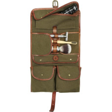 DRAKENSBERG Kimberley Wash Bag, skalbinių maišelis, skalbimo ritinėlis, drėgna pakuotė, tualeto reikmenų maišelis, trivietis, buivolo oda, rankų darbo, drobė, alyvuogių žalia, ruda