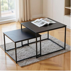 BIGTREE Coffee Table, Side Table, Set of 2, Modern Living Room Table, Size: 60 x 60 x 50 cm, 50 x 50 x 40 cm, Square Wooden Nesting Table with Metal Frame for Living Room, Balcony, Office