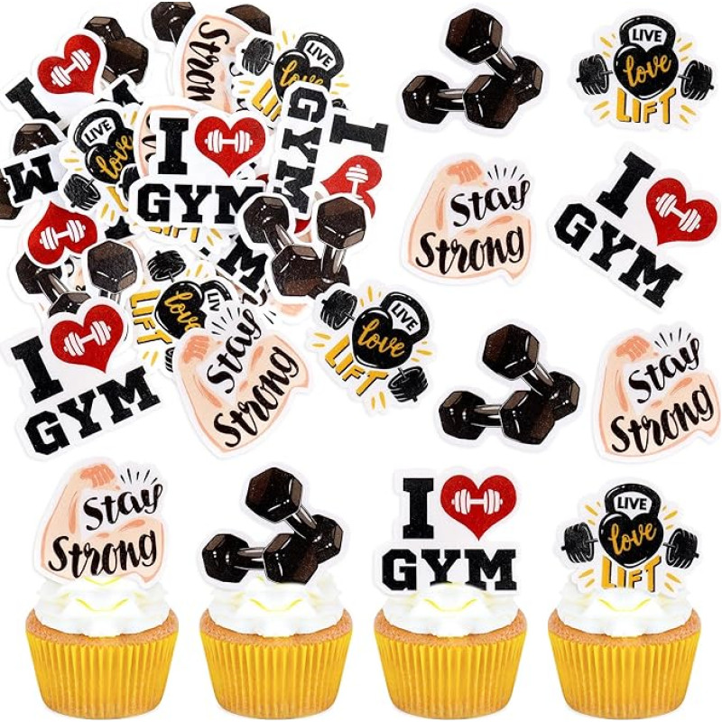 Pakuotė iš 40 iš anksto supjaustytų valgomųjų sporto salės tortų dekoracijų Hantelis Popieriaus puodelis Torto dekoracijos Fitneso tema Gimtadienio vakarėlio priedai