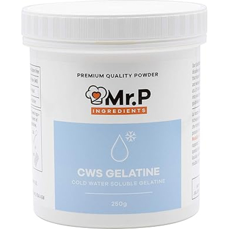 Mr.P Ingredients Šaltai tirpstančios želatinos milteliai, 250 g, 200 žiedų, aukščiausios kokybės tirštiklis greitai paruošiamai jautienos želatinai, desertams, be glitimo, be GMO, halal želatina ir košerinis maistas