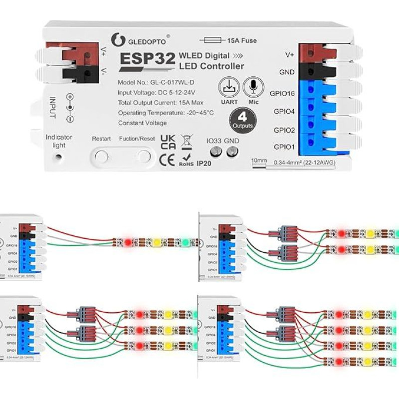 GLEDOPTO ESP32 WLED skaitmeninis šviesos diodų valdiklis su 4 kanalais, 15A saugikliu, mikrofono garsu, UART, 