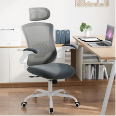 COLAMY biuro kėdė, tinklinė kompiuterio kėdė su reguliuojamu galvos atlošu ir juosmens atrama, ergonomiška darbo kėdė su atlenkiamu porankiu, 140° svyravimo funkcija, pilka