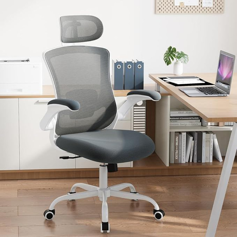 COLAMY biuro kėdė, tinklinė kompiuterio kėdė su reguliuojamu galvos atlošu ir juosmens atrama, ergonomiška darbo kėdė su atlenkiamu porankiu, 140° svyravimo funkcija, pilka