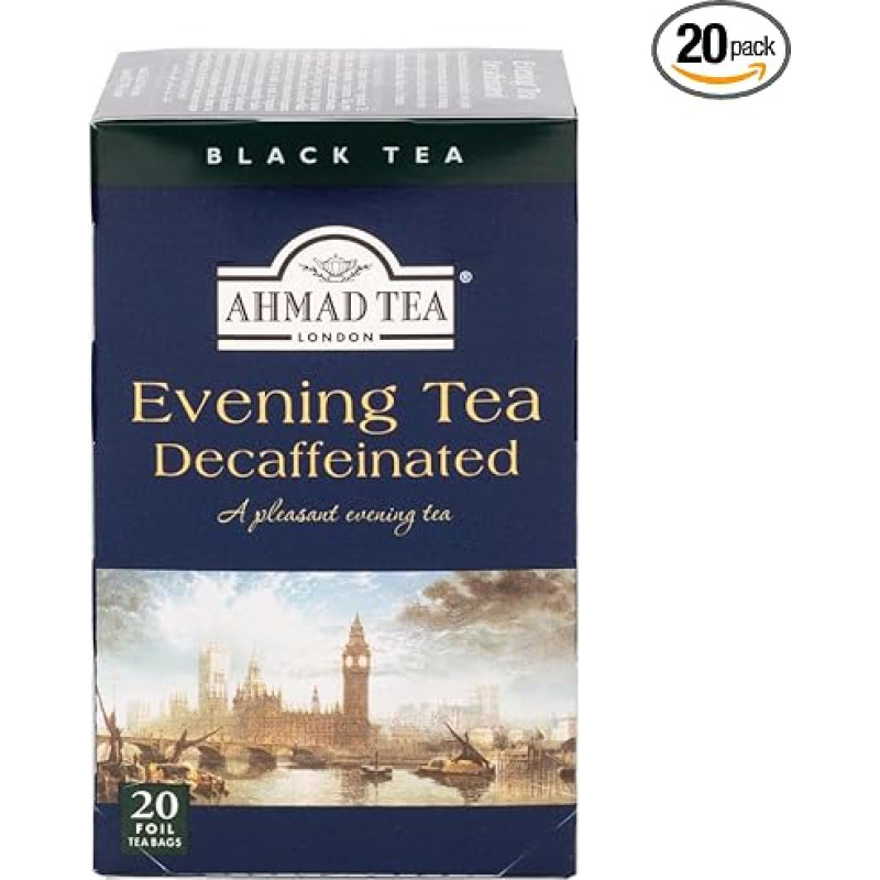 Ahmad Tea - vakarinė arbata be kofeino - juodoji arbata su bergamotėmis be kofeino - individualiai suvynioti, aromatingai uždaryti arbatos maišeliai su 4 g arbatos vienoje porcijoje - 20 arbatos maišelių su juostele