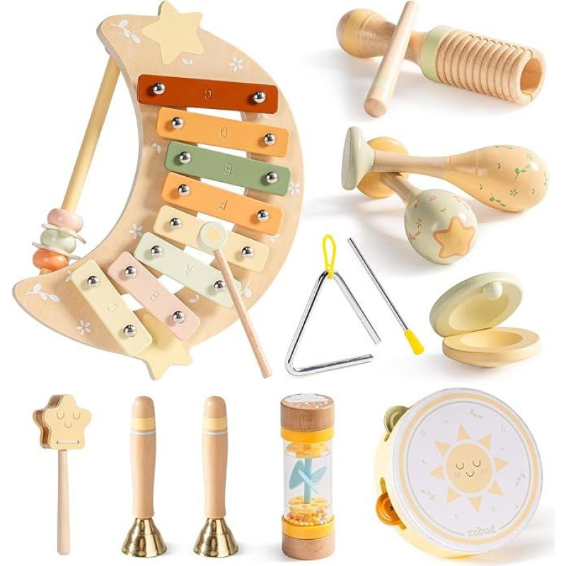 ROBUD Vaikų mediniai muzikos instrumentai, Montessori sensorinis žaislas vaikams nuo 1-2 iki 3 metų, muzikinis žaislas su ksilofonu, tambūrinu, gongų lazdele, maraka, 11 dalių, dovana mergaitėms berniukams nuo 10 mėnesių