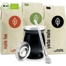 Mate Tea Set Organic ● 3 Mates + Double-Walled Stainless Steel Mate Cup + Bombilla + Preparation Instructions (Black)