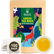 WEETEE Green Tea Bags, Pack of 100 Green Tea Bags, Pure Green Tea, Super Antioxidant, Resealable Kraft Bag, Hot or Ice Cold Brew